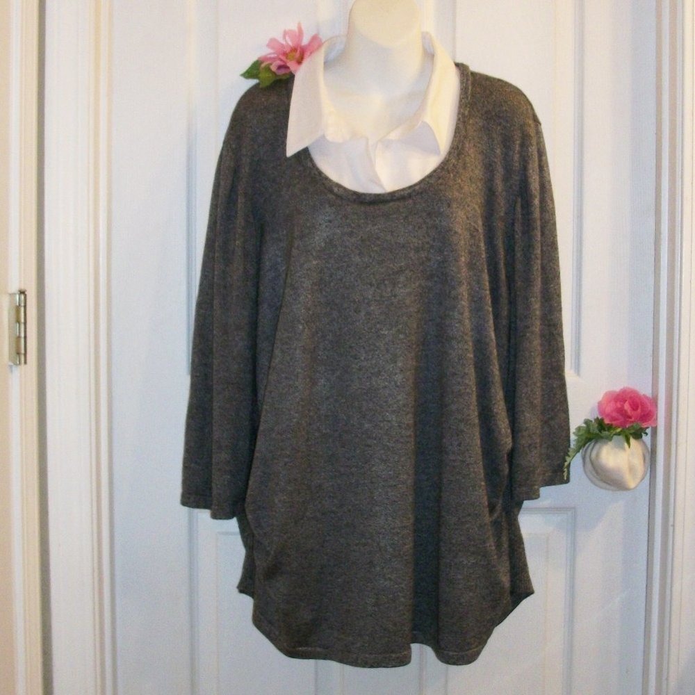Kim Rogers 3X Black Gray Heather Knit Top With White Insert 3/4 Sleeve